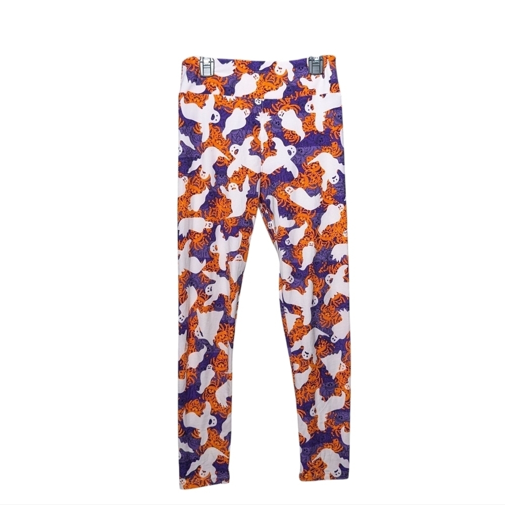 LuLaRoe Halloween Vibrant Orange Purple White Ghost Spooky Scary Print Leggings